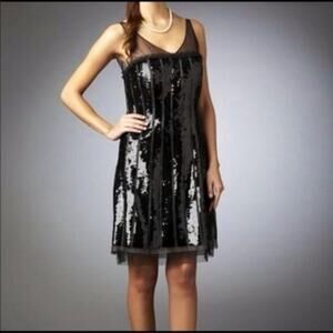 BCBGMaxAzria Black Stripe Sequin & Tulle Mini Dress Sz 4 Little Black Dress